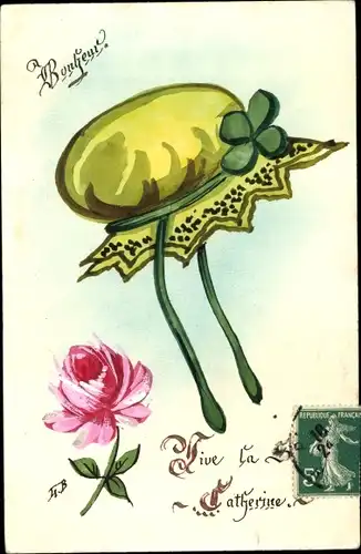 Handgemalt Ak Grüne Mütze, Rose, Glücksklee