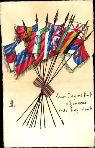 Handgemalt Künstler Ak Russland, Italien, Großbritannien, Frankreich, Belgien, Fahnen, Stoffschleife