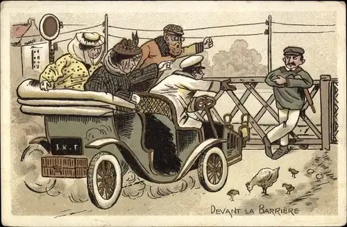 Ak Devant la Barriere, Automobil an einer geschlossenen Schranke