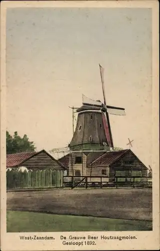 Ak Zaandam Zaanstad Nordholland, De Grauwe Beer Houtzaagmolen