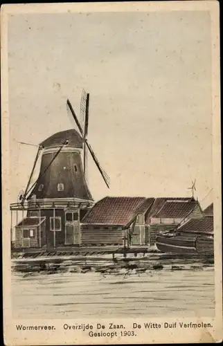 Ak Wormerveer Nordholland Niederlande, Overzijde de Zaan, De Witte Duif Verfmolen