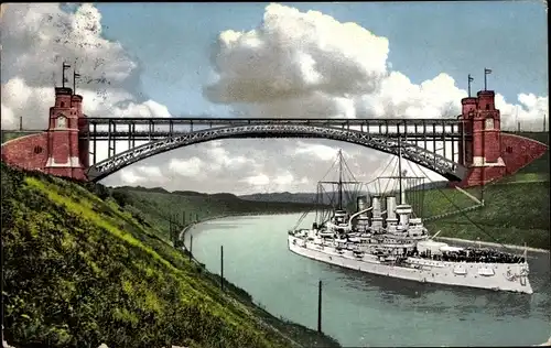 Ak Levensau Neuwittenbek in Schleswig Holstein, Deutsches Kriegsschiff, SMS Deutschland, Hochbrücke