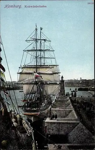 Ak Hamburg Mitte Steinwerder Kuhwerder, Dock mit Segelschiff, Dreimaster, Kuhwärder Hafen