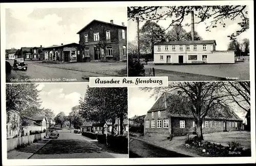 Ak Ausacker Schleswig Holstein, Meierei, Schule, Gast und Geschäftshaus