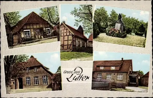 Ak Lutter Neustadt am Rübenberge, Ehrenmal, Gasthaus zur Krone, Schule, Geschäft Beckedorf