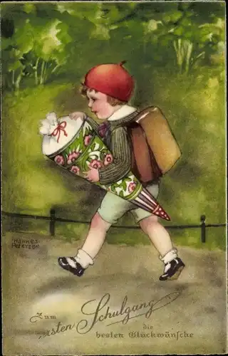 Ak Glückwunsch Einschulung, Kind mit Zuckertüte, Schulranzen