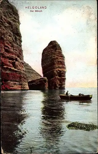 Ak Helgoland Schleswig Holstein, Blick auf den Felsen Mönch, Boot
