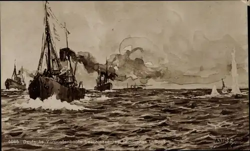 Künstler Ak Saile, Arthy, Deutsche Vorpostenboote beschießen ein feindliches U Boot