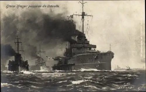 Ak Deutsche Kriegsschiffe, Große Kreuzer passieren die Unterelbe