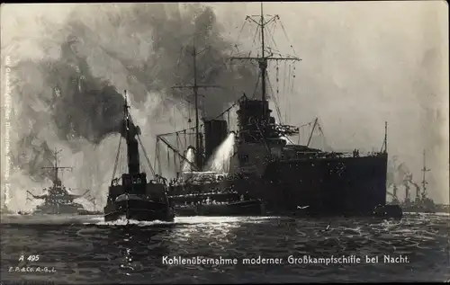 Ak Deutsche Kriegsschiffe, Kohlenübernahme moderner Großkampfschiffe bei Nacht