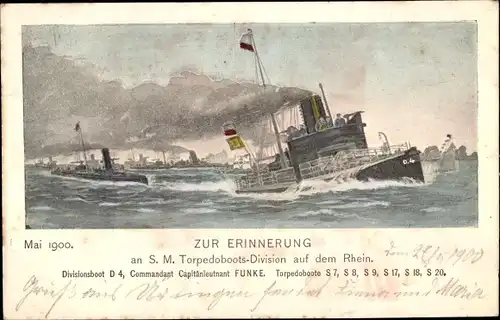 Ak Deutsche Kriegsschiffe, SM Torpedoboots Division auf dem Rhein, Mai 1900, Divisionsboot D 4
