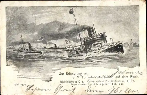 Ak Deutsche Kriegsschiffe, SM Torpedoboots Division auf dem Rhein, Mai 1900, Divisionsboot D 4