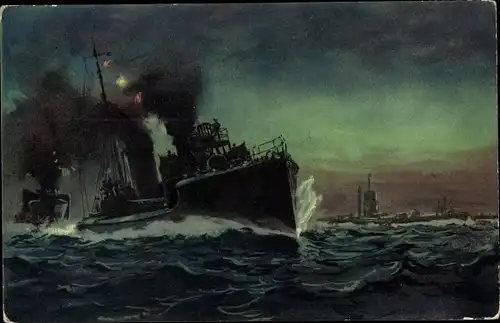 Künstler Ak Deutsche Kriegsschiffe, Torpedoboote und Unterseeboote an der Front, 1914