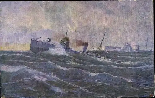 Künstler Ak Matthiessen, Karl, Deutsche Kriegsschiffe, Torpedoboote im Sturm auf Vorposten