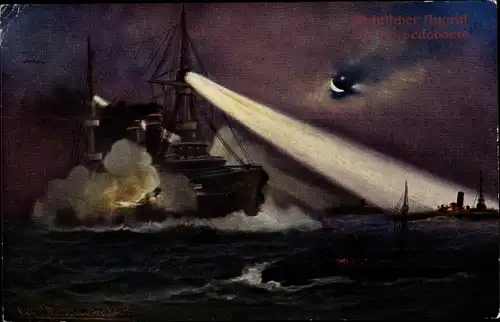 Künstler Ak Deutsche Kriegsschiffe, Nächtlicher Angriff von Torpedobooten