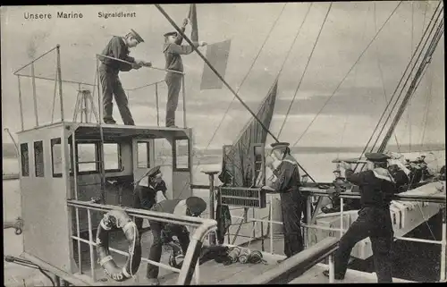 Ak Deutsches Kriegsschiff, SMS Mars, Artillerieschulschiff, Seeleute beim Signaldienst