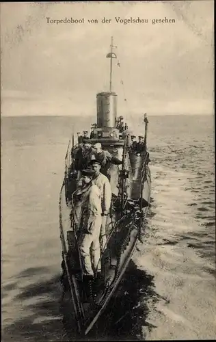 Ak Deutsches Kriegsschiff, Torpodoboot von der Vogelschau, Seeleute, Kaiserliche Marine, Bugansicht