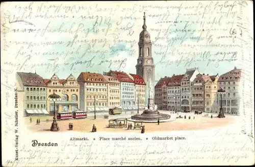 Litho Dresden Altstadt, Altmarkt, Straßenbahn, Denkmal