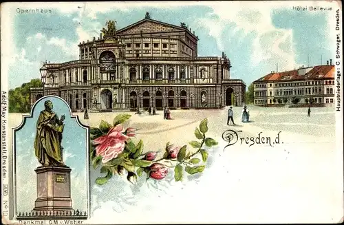 Litho Dresden Altstadt, Opernhaus, Hotel Bellevue, Denkmal C.M.v. Weber
