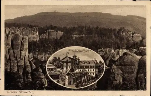 Ak Bad Schandau Sächs. Schweiz, Großer Winterberg, Hotel, Blick von den Schrammsteinen