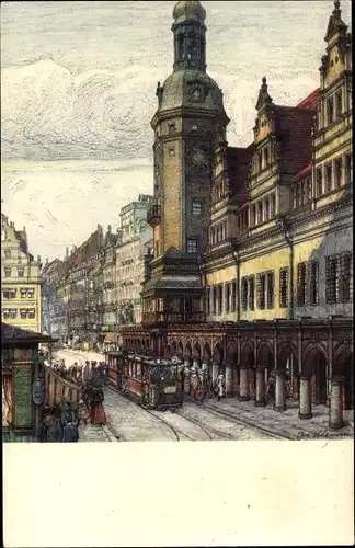 Künstler Ak Klemm, J., Leipzig, Altes Rathaus, Straßenbahn