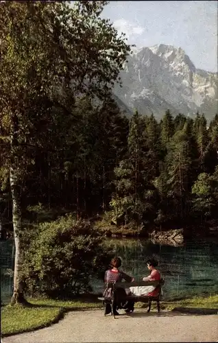 Ak Garmisch Partenkirchen in Oberbayern, Badersee mit Zugspitze