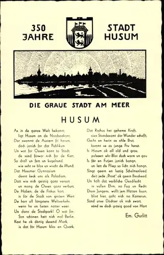 Ak Husum in Nordfriesland, 350 Jahre, Die graue Stadt am Meer, Gedicht