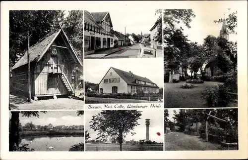 Ak Bergen in der Lüneburger Heide, Fernsehturm, See mit Schwänen, Ortsansichten