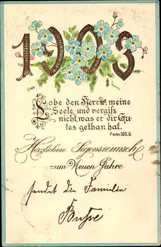 Präge Ak Glückwunsch Neujahr 1903, Vergissmeinnicht