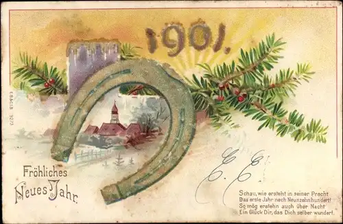 Präge Litho Glückwunsch Neujahr 1901, Tannenzweige, Hufeisen