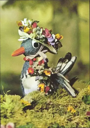 Ak Frau Elster mit Blumenhut, Unser Sandmännchen, DDR Kinderfernsehen, 6913