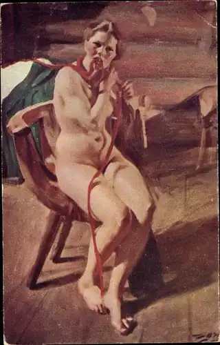 Künstler Ak Zorn, Studie, Frauenakt, sitzende nackte Frau mit rotem Seil