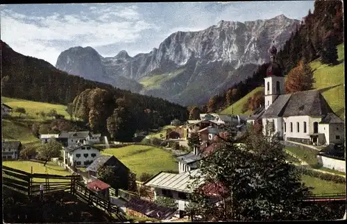 Ak Ramsau im Berchtesgadener Land Oberbayern, Teilansicht vom Ort, Kirche, Gebirge