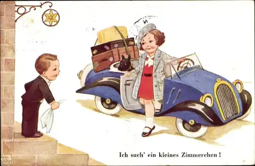 Künstler Ak Wills, J., Mädchen steigt aus einem Auto aus, Ich such' ein kleines Zimmerchen