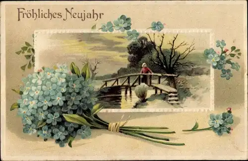 Präge Ak Glückwunsch Neujahr, Brücke, Fluss, Vergissmeinnicht