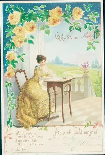 Glitzer Litho Schreib bald einmal, Frau am Tisch, Brief, Rosen