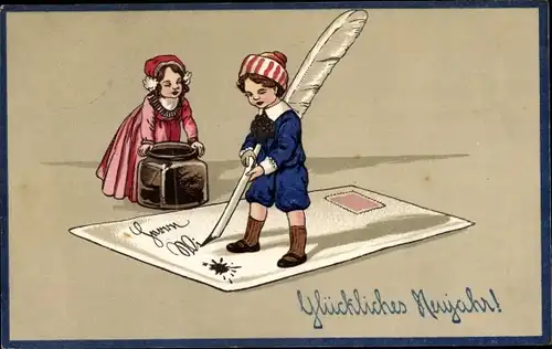 Ak Glückwunsch Neujahr, Kinder, Briefumschlag, Tintenfass, Feder