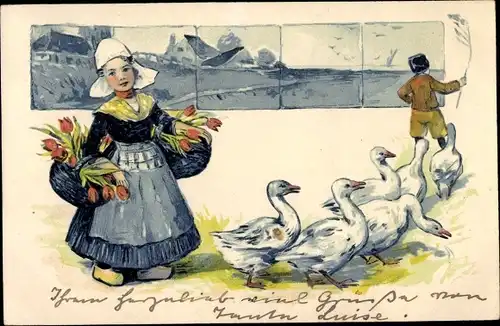 Präge Ak Mädchen in Niederländischer Tracht, Delfter Kacheln, Tulpen, Gänse