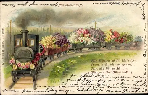 Litho Eisenbahn, Güterzug, Blumen, Alle Blumen möchte ich senden...