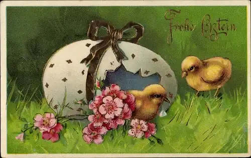 Präge Ak Glückwunsch Ostern, Küken, Osterei, Blumen