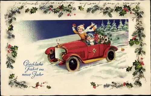 Ak Glückwunsch Neujahr, Bonne Année, Kinder im Automobil, Stechpalmenzweige