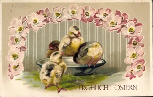 Präge Ak Glückwunsch Ostern, Küken trinken Wasser, Blumen