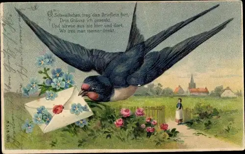 Präge Ak Schwalbe mit Brief im Schnabel, Vergissmeinnicht, O, Schwälbchen, Trag das Brieflein fort..