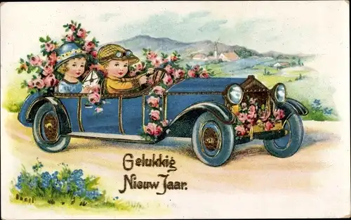 Präge Ak Glückwunsch Neujahr, Kinder im Auto, Rosen