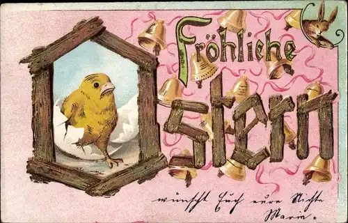 Präge Litho Glückwunsch Ostern, Glocken, Küken, Eierschale