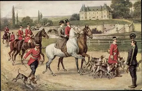 Künstler Ak Hetzjagd, Jagdhunde, Meute, Reiter, Schloss