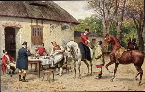 Künstler Ak Noble Gesellschaft vor einem Gasthaus, Pferde, Wein