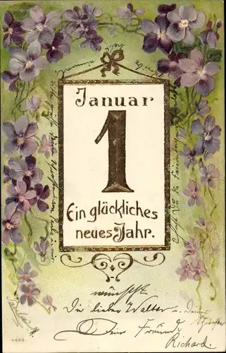 Präge Litho Glückwunsch Neujahr, Kalender, Veilchen