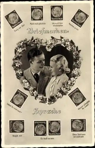 Ak Briefmarkensprache, Liebespaar, Blumen, Liebst du mich noch?, Ohne Dich kann ich nicht sein