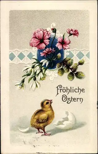 Präge Ak Glückwunsch Ostern, Küken, Blumen, Weidenkätzchen